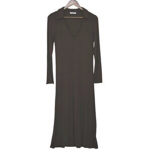 Ninety Percent Collared V-Neckline Maxi Dress Size S Brown Ribbed Long Sleeve